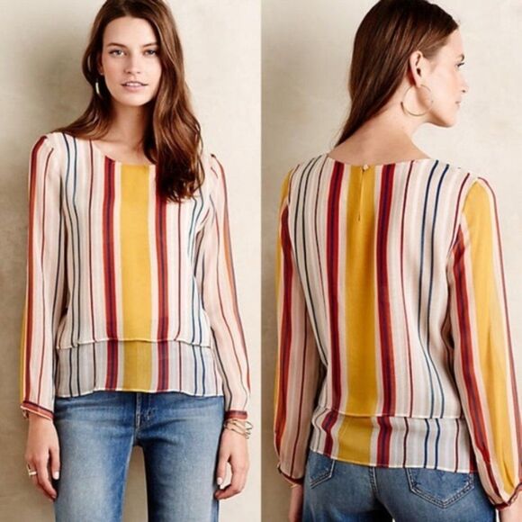 Anthropologie Maeve Silk Blouse Striped Layered Flowy Preppy Chiffon Size XS - Picture 1 of 9